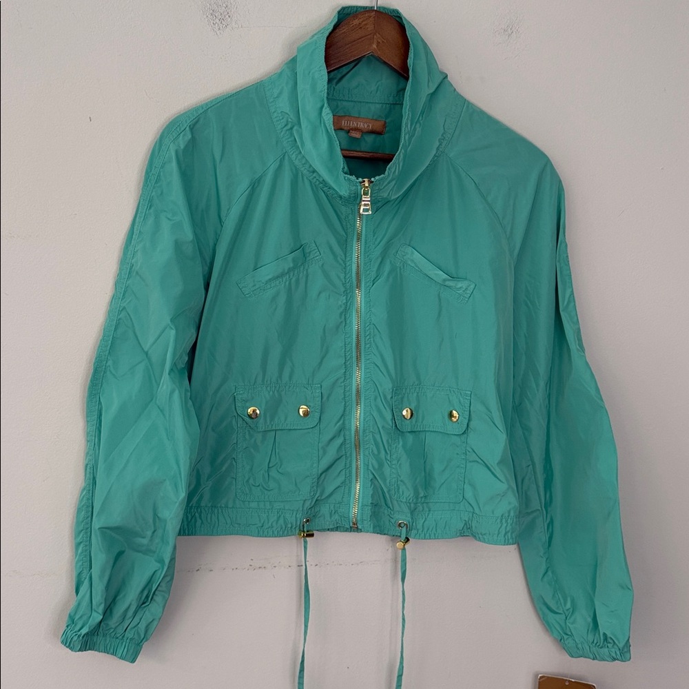 Ellen Tracy Aqua cropped zip up windbreaker jacket drawstring waist pockets XS